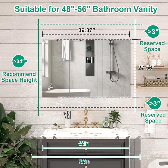 40 x 28 Farmhouse Medicine Cabinet, Tempered Frameless Bathroom Mirror with Storage, Silver Recessed or Surface Mount Aluminum Medicine Cabinet for Bathroom Modern-Large