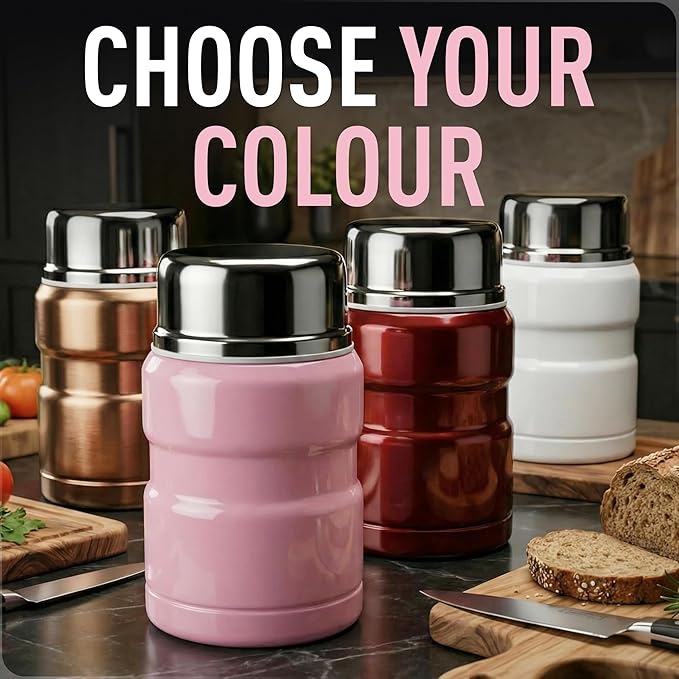 Earth&ME Stainless Steel Thermo For Hot Food 17OZ with Folding Spoon, Vacuum Insulated Food Container, Soup Thermo with Wide Mouth, Insulated Food Jar for Hot & Cold Food, Pink