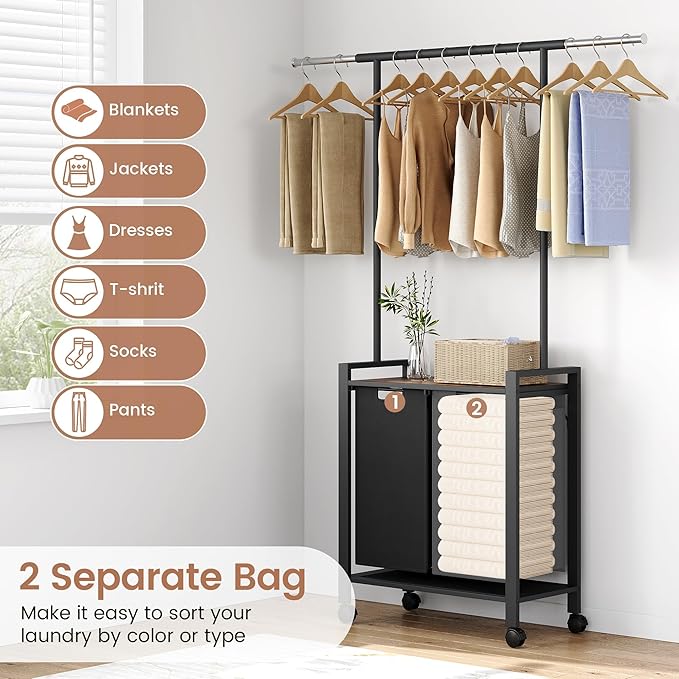 Laundry Basket With Wheels, Wood Shelf, Laundry Sorter With Retractable Hanging Bar, Laundry Hamper 2 Section, 2 × 13 Gal (49.2 L), Rolling Laundry Hamper With Hanging Rack For Laundry Room
