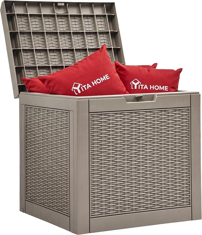 YITAHOME 32 Gallon Deck Box, Resin Storage with Lockable Lid & Side Handles, Indoor Outdoor Small Container for Patio Cushion, Garden Pool Accessories, Backyard Furniture, Water Resistant