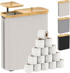 42L Toilet Paper Basket with Bamboo Lid, Toilet Paper Storage with Toilet Paper Holder & Non-Slip Mat for Bathroom Organizer, Holds up to 19 Regular Rolls or 14 Mega Rolls, Collapsible & Stackable