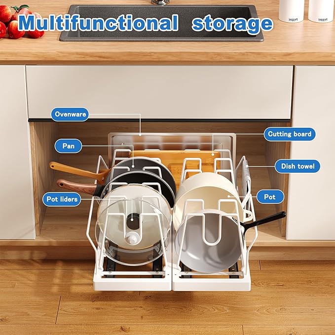 Pots and Pans Organizer Under Cabinet, 21.6" Deep Pull Out Pot Lid Organizer Holder with Guardrail Adhesive Pot and Pan Holder Rack with 10 Adjustable Dividers-1 Pack(White)