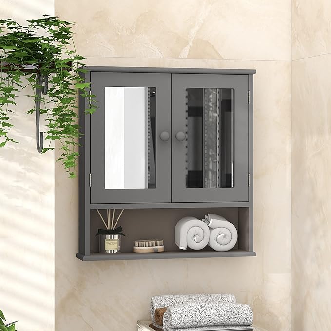 TaoHFE Grey Medicine Cabinet with Mirror, 2 Doors & 3 Open Shelves - Wall Mounted Wooden Storage Cabinet for Bathroom, Laundry or Kitchen