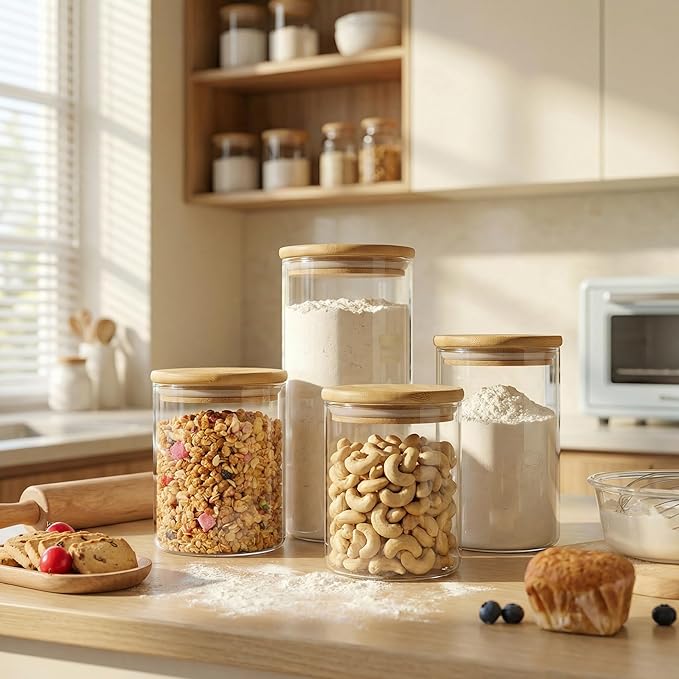Extra Large Glass Flour and Sugar Storage Containers with Airtight Lid,132 floz x1 & 65 floz x1 [Set of 2] Big Glass Jars with Bamboo Lids, Air Tight Food Jar for Cereal, Pasta, Rice, Coffee
