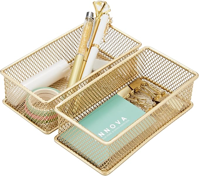 Annova Mesh Stackable Drawer Cabinet and Shelf Organizer Bins Storage Basket School Office Supply Holder Tray- Set of 2 (Gold, 3x6x2 Inch)