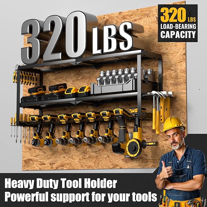 Power Tool Organizer Wall Mount, Heavy Duty Metal Tool Storage Rack Loads 320lbs, 8 Cordless Drill Holder 3 Layer for Garage, Workshop, Tool Room, Gift for Men