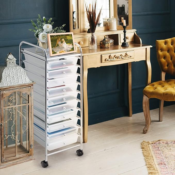 GOFLAME 10-Drawer Rolling Storage Drawer Cart, Utility Cart with Removable Drawers & Metal Frame, Mobile Art Craft Drawer Cart with Lockable Wheels for Home, Office, Studio, School, Clear