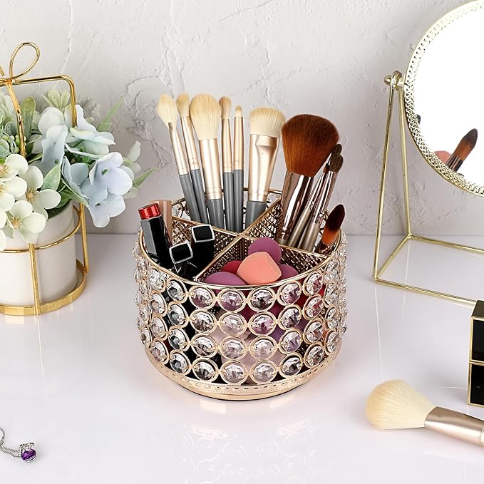 BTSKY Crystal 360 Degree Rotating Desk Organizer Decorative Storage Box with 4 Compartments, Glitter Metal Makeup Brush Holder Elegant Storage Caddy Home Decor Gift for Women, Round-4 Slots Gold