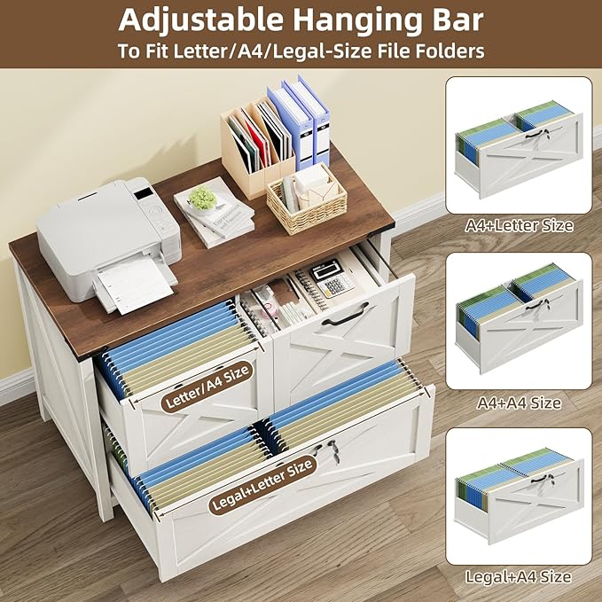 Lateral File Cabinet with 3 Drawers, Farmhouse File Cabinet with Lock for Letter/Legal/A4 Size Hanging Files, Wood File Storage Cabinets Printer Stand for Home Office Cabinets, Rustic White and Brown