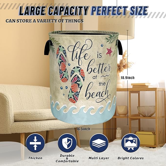 Funny Beach Laundry Basket Oxford Cloth Colorful Hawaii Laundry Hamper With Handle Foldable Portable Clothes Storage Basket Ocean Laundry Bag 18.9"x16.5" For Laundry Room/Bedroom/Bathrooms