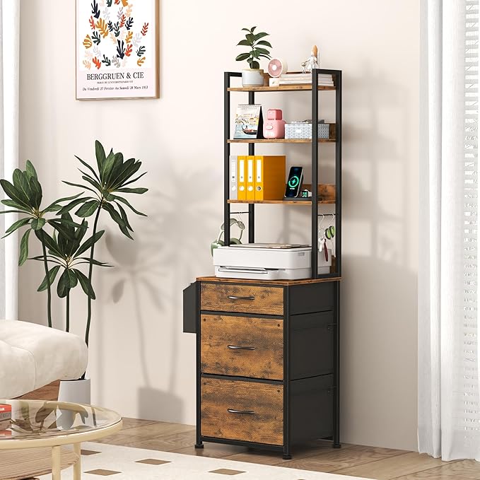 GYIIYUO 3 Drawer Tall 69''H File Cabinet with Charging Station, 4-Tier Filing Cabinet with Adjustable Shelf, Fabric Drawer, Printer Stand for Home Office, Fits A4/Letter/Legal, Rustic Brown