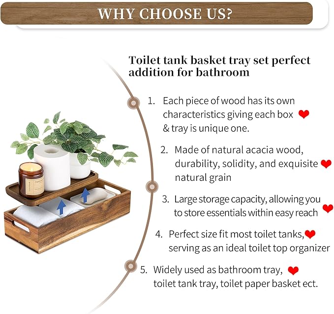 Hanobe Bathroom Toilet Tank Basket: Wood Acacia 2pcs Toilet Paper Topper with Vanity Tray Back of Organizer Toiletry Storage Holder Box