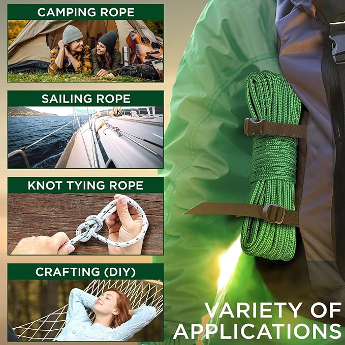 TECEUM Rope – 90 Feet x 3/8 Inch (10mm) – Green – Strong All-Purpose Utility Rope – Camping, Crafting, Flag Pole, Indoor & Outdoor – Polypropylene Nylon Poly Lightweight Diamond Braided Cord