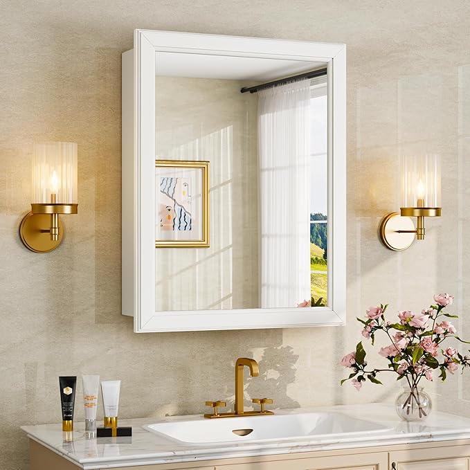 Antok Medicine Cabinet with Mirror 15x19 inch, Wall-Mounted Bathroom Mirrors with Storage Modern, in Recessed Vanity Medicine Cabinets Door Wooden Frame Shelf Surface Mount Over Sink Organizer, White