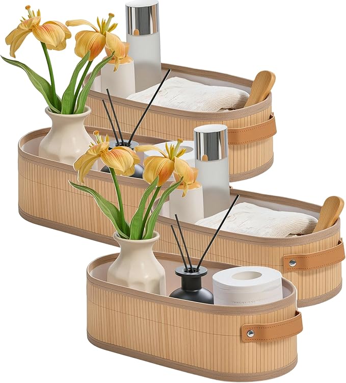 Toilet Paper Storage Basket Bathroom Counter Organizer Bamboo Baskets for Organizing, with Lid & Handels-Decorative Storage Set, 4-Pack