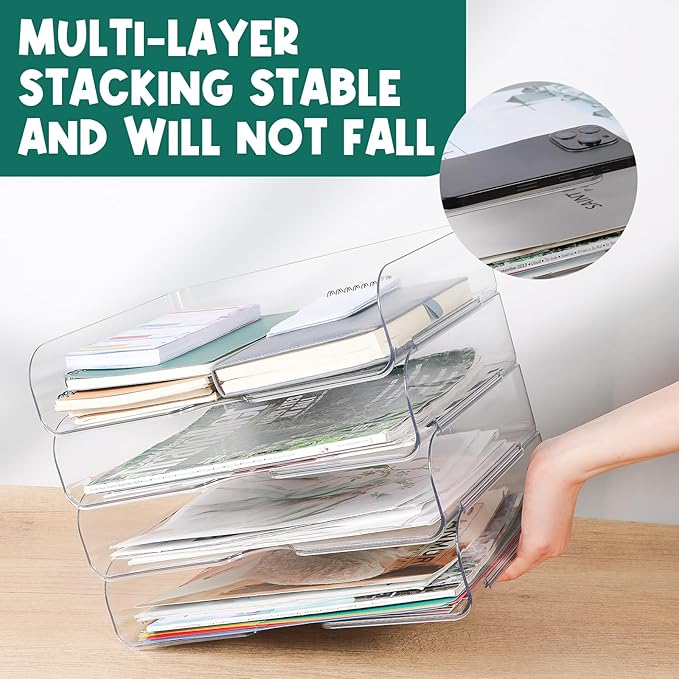 4 Pack Paper Organizer Letter Tray Clear Desk Organizer, Clear PET Desk Rrganizer for Magazines, Binders, Notebooks, Envelopes, Multi-Purpose Plastic Paper Tray Organizer