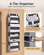 ULG 2 Pack Small Over Door Organizer with 4 Large Pockets 8 Mesh Side Pockets, Hanging Storage Organizer with Clear Window Kids Toys Deep Gray
