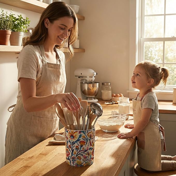 MyGift Vibrant Paisley Floral Ceramic Kitchen Utensil Holder – Decorative Crock for Cooking Utensils, Flatware, and Countertop Storage