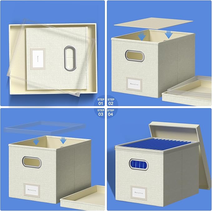File Organizer Box - File Boxes for Hanging Files with Lid Set of 4 Decorative Hanging Folders Organizer with One-Piece Plastic Frame Slides (Beige White, 13.2 * 10.1 * 10.1in(4Pack))