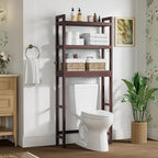 Smiry Over The Toilet Storage Cabinet, 3-Tier Bamboo Bathroom Organizers with Adjustable Shelf & 4 Hooks, Space Saving Shelf Rack for Bathrooms, Laundry Room, Balcony, Brown
