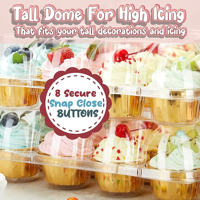 (12 Pack x 20 Sets) Stackable Cupcake Carrier with 240 Pack Liners, Plastic Cupcake Boxes Holders for 12 Cupcakes, High Tall Dome Lid Cupcake Containers, Clear Disposable Cupcake Trays