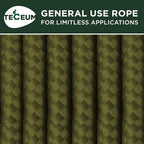 TECEUM Rope – 90 Feet x 1/4 Inch (7mm) – Army Green – Strong All-Purpose Utility Rope – Camping, Crafting, Flag Pole, Indoor & Outdoor – Polypropylene Nylon Poly Lightweight Diamond Braided Cord