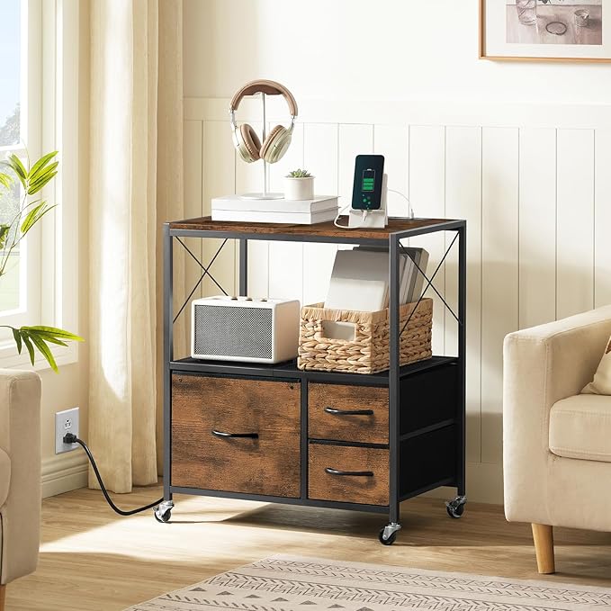 File Cabinet with Charging Station, 3 Drawer Lateral Filing Cabinet for Home Office, Mobile Printer Stand with Open Shelf, Fits A4/Letter Size File, Nonwovens Drawer, Rustic Brown FCHR98E01