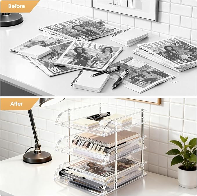 Desk Organizer and Storage,3-Tier File Paper Tray Organizers,Stackable Clear Desktop Organizer for Documents,Book Magazine Storage,Office Supplies (Clear,3 Pack)