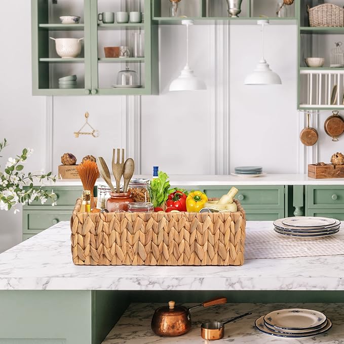 JS HANGER Paper Storage Basket, Metal Frame, Set of 2, 14.9"L x 6.3"W x 4.7"H, Wicker Basket for Pantry, Toilet, Bathroom, Bedroom, Patio Storage Baskets for Shelves