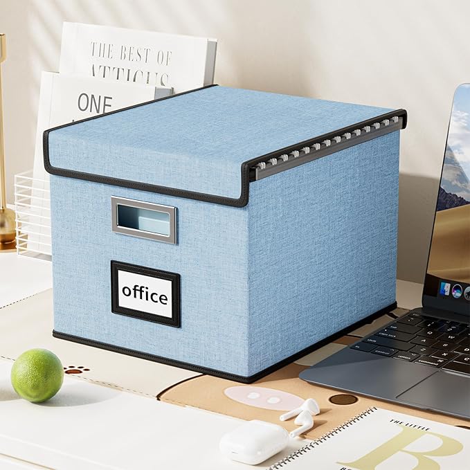 Huolewa File Organizer Box with Lid, Collapsible File Folder Organizer for Office Document Storage, Filing Box with Plastic Slide for Letter Size Hanging File Folders(1 Pack, Powderblue)