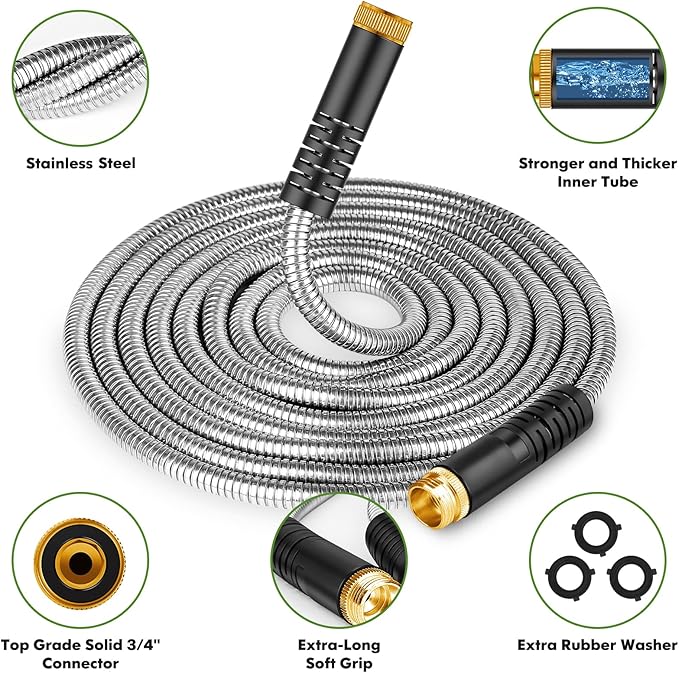 Garden Hose 75ft, Stainless Steel Heavy Duty Water Hose with 10 Function Nozzle Flexible, Lightweight, No-Kink, Pet Proof, Puncture Proof Metal Hose for Yard, Outdoor