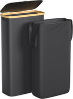 Slim Laundry Hamper, 60L Waterproof Narrow Laundry Basket with Lid and Removable Bag, Collapsible Tall Clothes Hamper with Bamboo Handles for Clothes Toys in Dorm Bedroom Bathroom, Black
