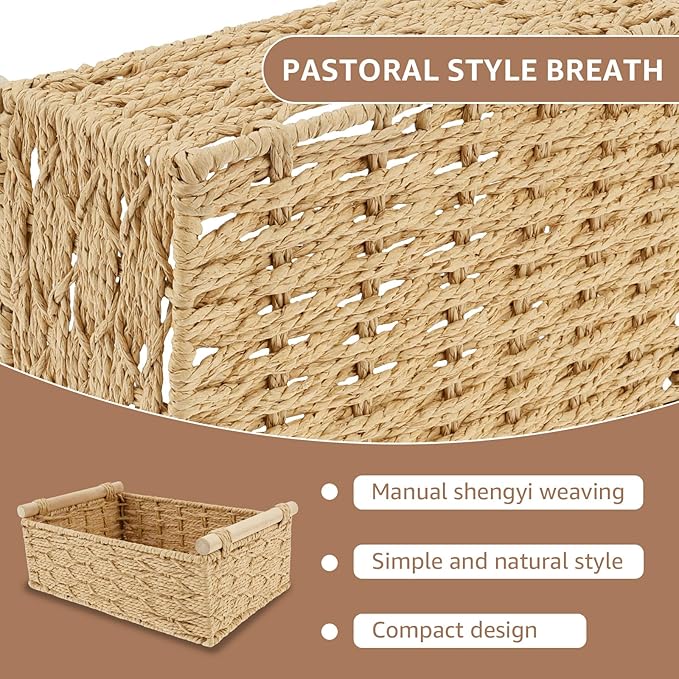 2Pcs Toilet Paper Storage Basket,Toilet Basket Tank Topper with Wood Handle Decorative Toilet Tank Bin,Back of Toilet Organizer,Decorative Paper Rope Basket for Home Bedroom Living Room Bathroom