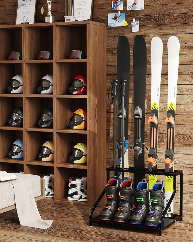 TrailBlaze Freestanding Steel Ski & Snowboard Storage Rack for 4 Skis – Heavy Duty Organizer for Boots, Poles, Helmets, Goggles – Ideal Garage, Basement, Entryway Winter Sports Gear Holder