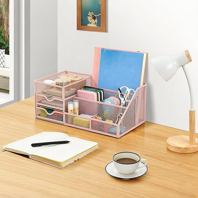 Lavatino Mesh Desk Organizer with 6 Compartments & 2 Drawers, Larger Multi-functional Desktop and Workspace Accessories Organizer for Office, Classroom, Dorm Supplies (Pink)