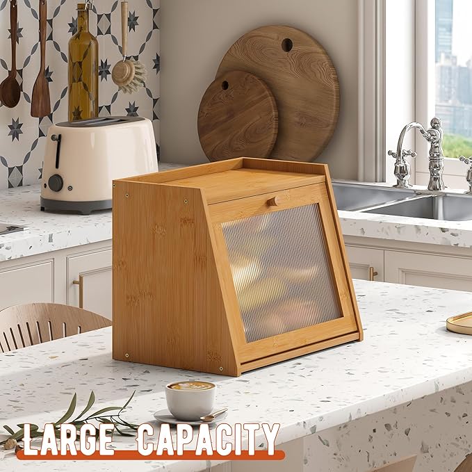GHWIE Large Bread Box, Easy Access & Cleaning - Bamboo Bread Box for Kitchen Countertop with Acrylic Door (Natural, Large)