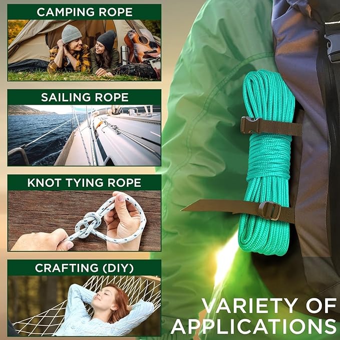 TECEUM Rope – 150 Feet x 1/4 Inch (7mm) – Green Wave – Strong All-Purpose Utility Rope – Camping, Crafting, Flag Pole, Indoor & Outdoor – Polypropylene Nylon Poly Lightweight Diamond Braided Cord