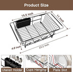 Over the Sink Expandable Dish Drainer Drying Rack In Stainless Steel for Small Kitchen, Counter Space Saving Modern Compact Metal Above Plate Dryer Strainer, Adjustable Hanging Inside Drain Holder