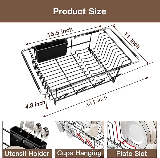Over the Sink Expandable Dish Drainer Drying Rack In Stainless Steel for Small Kitchen, Counter Space Saving Modern Compact Metal Above Plate Dryer Strainer, Adjustable Hanging Inside Drain Holder