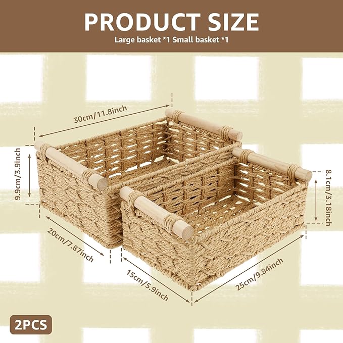 2Pcs Toilet Paper Storage Basket,Toilet Basket Tank Topper with Wood Handle Decorative Toilet Tank Bin,Back of Toilet Organizer,Decorative Paper Rope Basket for Home Bedroom Living Room Bathroom