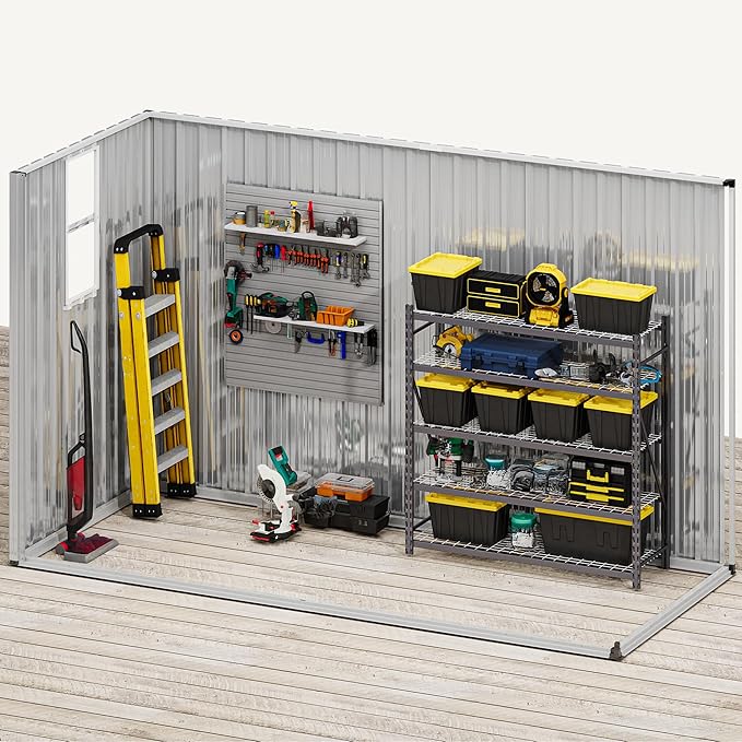 DWVO 9x4ft Metal Outdoor Storage Shed with Window, Lockable Tool Storage Sheds, Oversized Steel Garden Sheds with Sloped Roof for Backyard, Patio, Garage, Lawn, Dark Gray