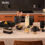Mora Ceramic Kitchen Utensil Holder - Wooden Spoon & Spatula Crock for Countertop, Modern Farmhouse Home Decor, Large 7.3" Cooking Organizer for Stove Top and Counter - Heavy & Sturdy - Liquorice