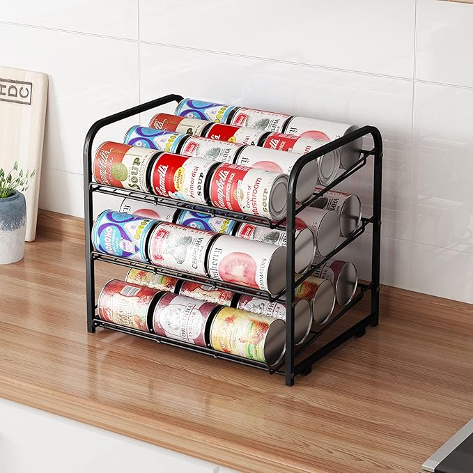 AIYAKA Can Rack Organizer, 3 Tier Stackable Can Storage Dispenser,for Food Storage, Kitchen or Pantry, Storage for 36 Cans, Black