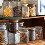 24 OZ/4 PCS Glass Storage Jar with Airtight Bamboo Wooden Lids, Vintage Food Containers Canisters Sets for Kitchen Counter Pantry, Sugar, Flour, Candy, Tea, Coffee Beans, Oats, Grain Bin, Pasta,