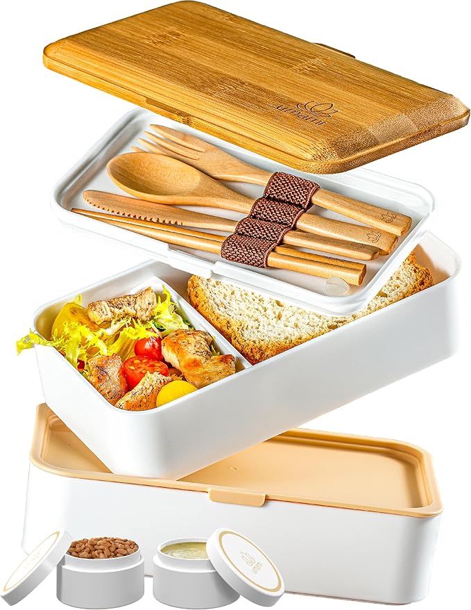Umami Bento Box Adult All-In-1 w/4 Utensils, Big Sauce Jar, 2 Dividers, 100% Leakproof, Microwave & Dishwasher Safe, Stackable Bento Lunch Box Containers for Men/Women, White & Tan, 40 oz