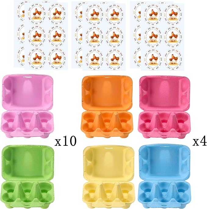Half Dozen Egg Cartons 36 Pack, Colorful Blank Natural Pulp Egg Holder 6 Count for Chicken Eggs Reusable, Easter Color Storage Box for Holds Up to Six Container Basket Cardboard Paper, 36 Labels