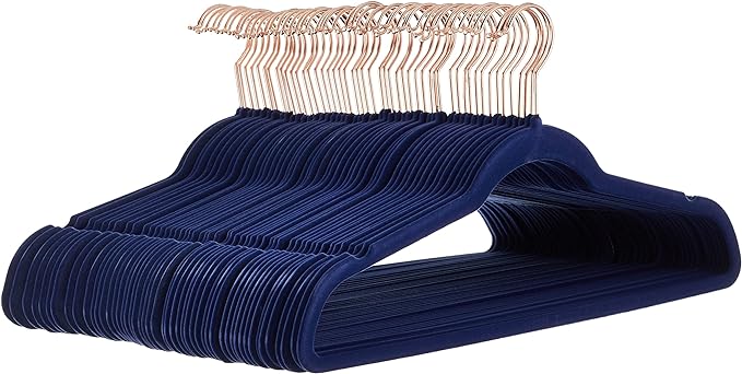 Amazon Basics Slim Velvet Non-Slip Space Saving Suit Clothes Hangers, Sturdy Construction, Navy Blue/Rose Gold, 50-Pack