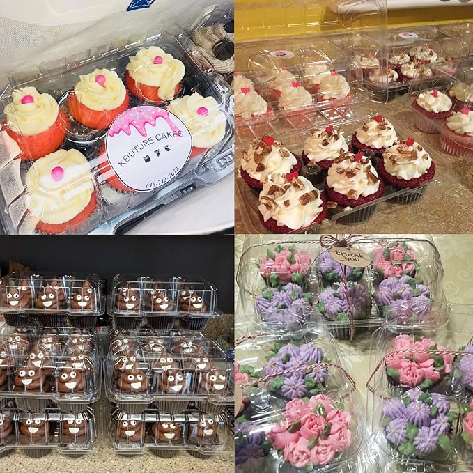 Clear Cupcake Containers,12pc Plastic Disposable High Dome Cupcake Boxes 6 Compartment Cupcake Holders Cupcake Containers Half Dozen Cupcake Trays ReliableCup Cake Muffin Packaging Transporter