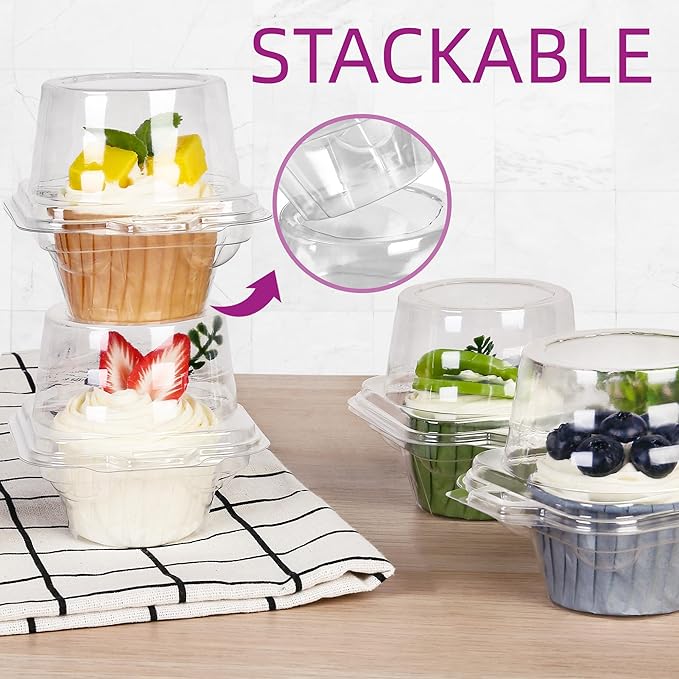 LotFancy Individual Cupcake Containers, 100 Pcs Plastic Clear Cupcake Boxes, Disposable Single Cupcake Holders with Dome Lid, Stackable Muffin Carrier for Wedding Baby Shower