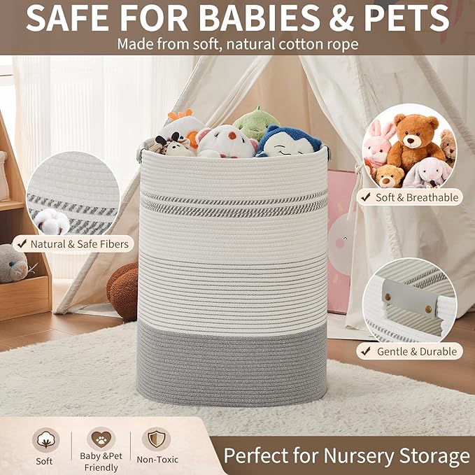 Laundry Basket with Handles - Blanket Basket & Hampers for Bedroom Aesthetic, Laundry Hamper & Blanket Storage for Living Room, Clothes Hamper, Tall, Large 17" x 14" x 22”, Grey